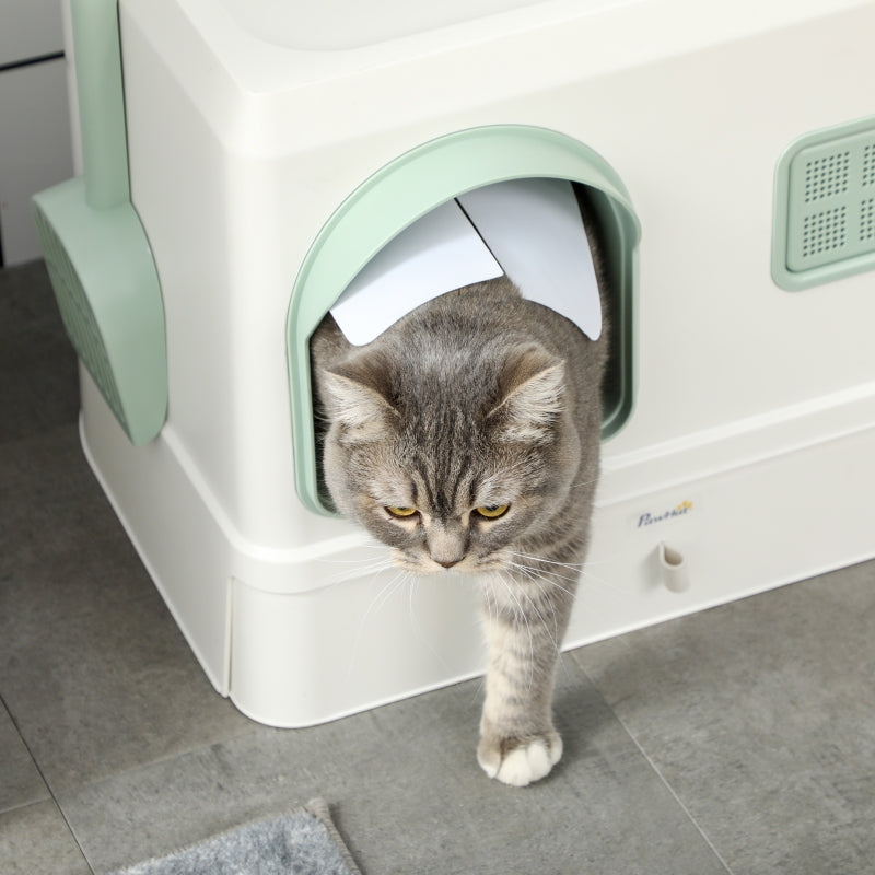 PawHut Cat Litter Box with Drawer Pan, Hooded Cat Litter Tray with Scoop, Deodorants, Front Entrance, 50 x 40 x 40 cm, White