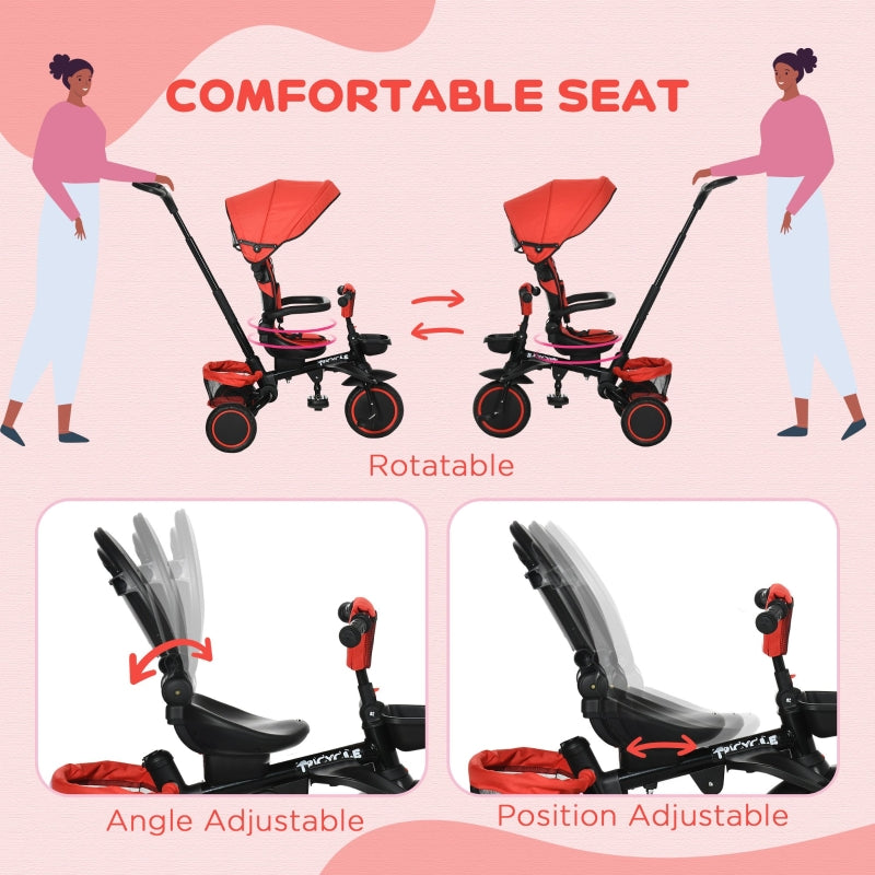 HOMCOM 7-in-1 Tricycle for Kids, Baby Trike with Rotatable Seat, Adjustable Push Handle, Safety Harness Detachable Canopy Semi-reclining Footrest Red