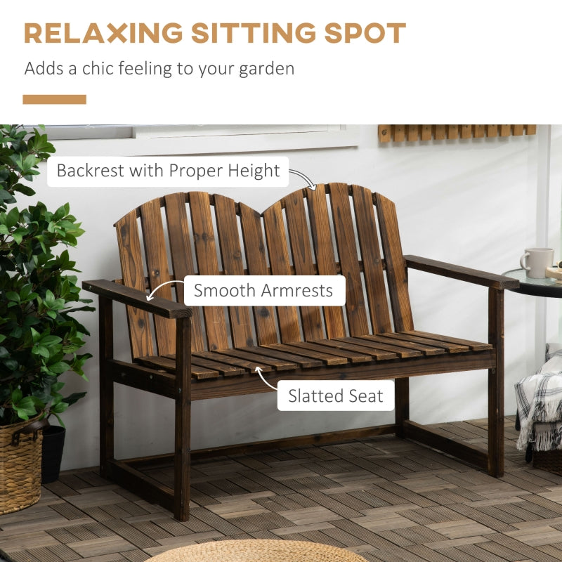 Outsunny Outdoor Wooden Garden Bench, Patio Loveseat Chair with Slatted Backrest and Smooth Armrests for Two People, for Yard Lawn Carbonised Finish