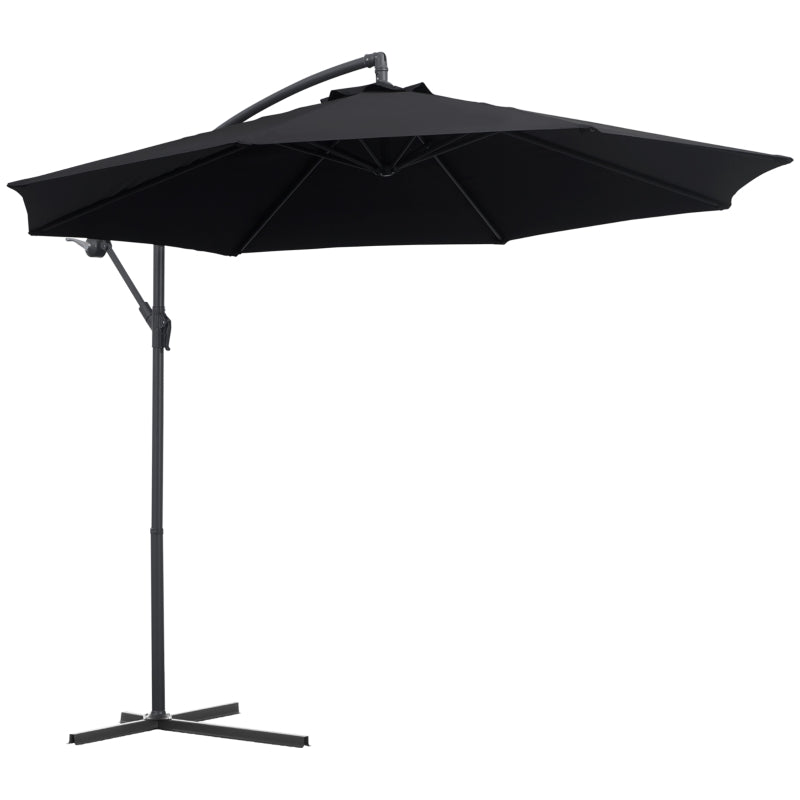 Outsunny 3(m) Garden Cantilever Parasol Patio Banana Hanging Umbrella Sun Shade with Crank & Tilt, 8 Ribs and Cross Base, Black