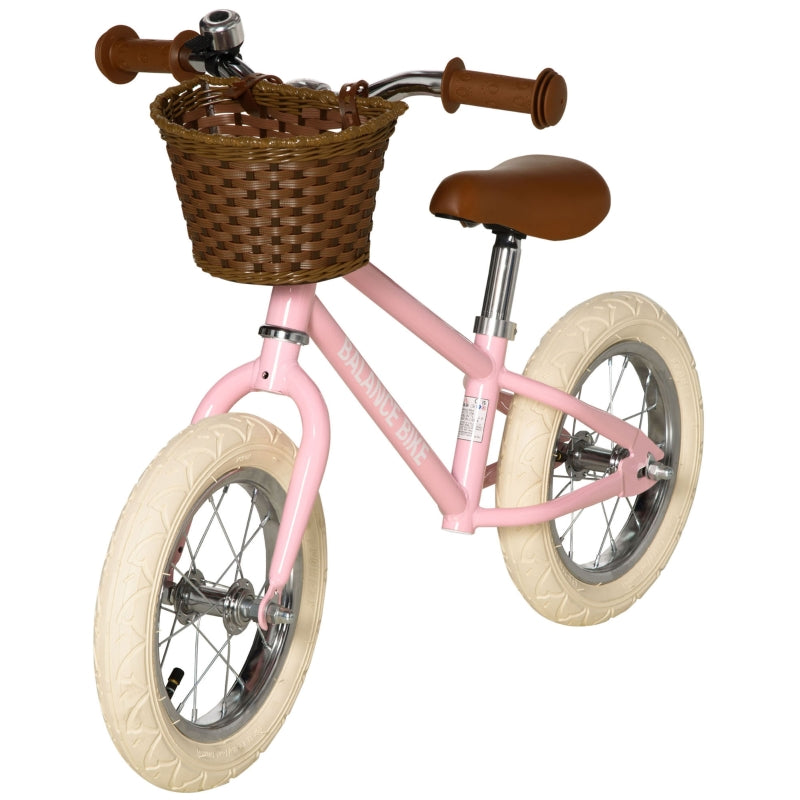 HOMCOM Kids Balance Bikes Toddler No Pedal Training Bicycle for 3-6 Year Old Boys Girls with Adjustable Handlebars Basket Bell, Pink