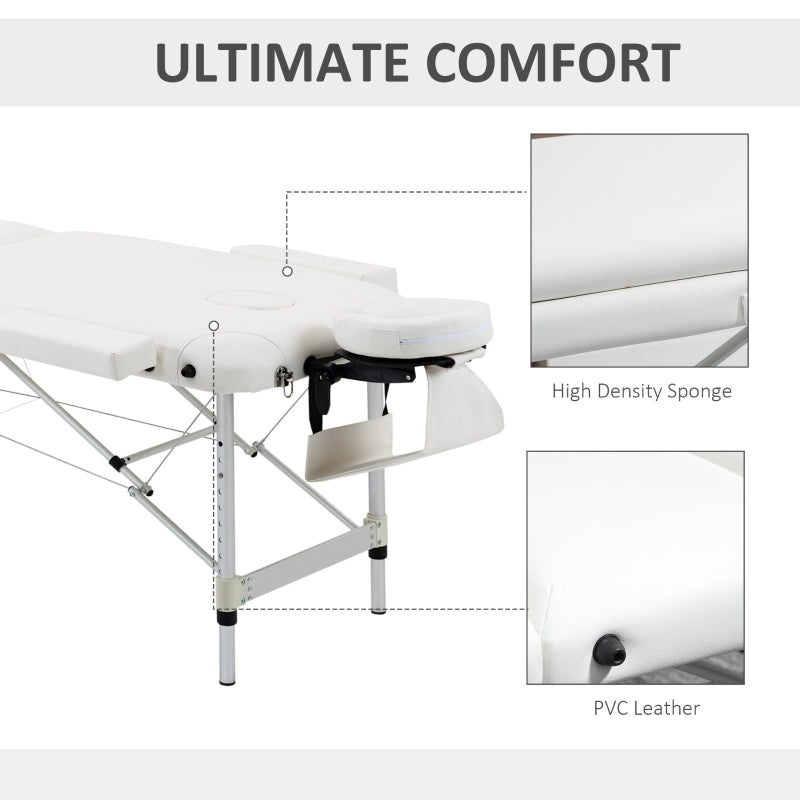 HOMCOM Folding PVC Leather Massage Table Aluminium Frame w/ Headrest Armrests Padding Handle Carry Bag Adjustable Height 3-Way Tri-Fold White