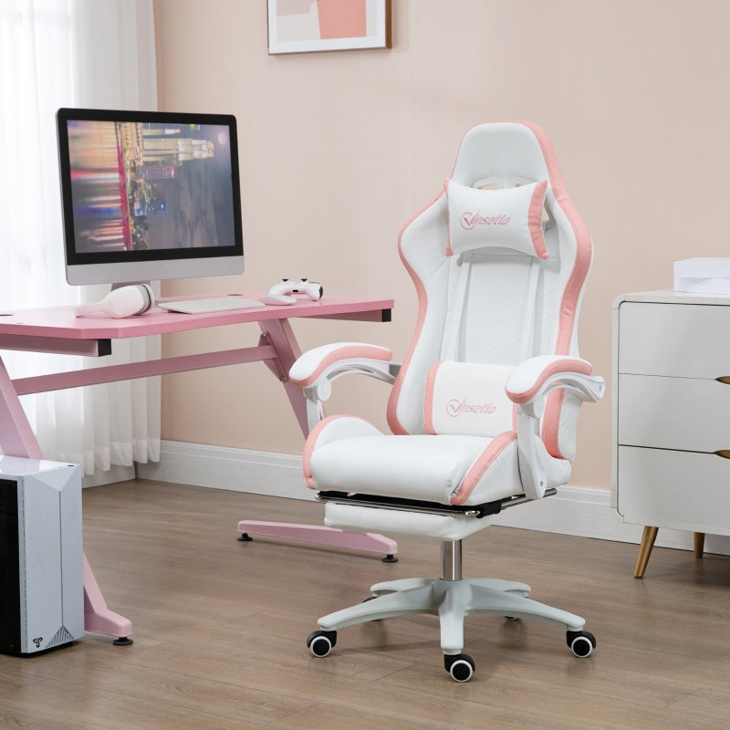 Vinsetto Racing Gaming Chair, Reclining PU Leather Computer Chair with 360 Degree Swivel Seat, Footrest, Removable Headrest White and Pink