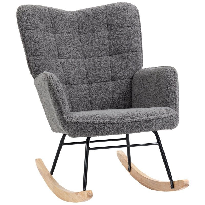 HOMCOM Wingback Rocking Chair for Nursing, Berber Fleece Nursery Glider Rocker, Modern Armchair for Living Room, Dark Grey