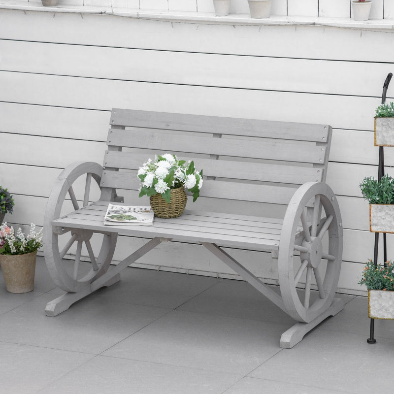 Outsunny 2 Seater Garden Bench Outdoor Garden Armrest Chair with Wooden Cart Wagon Wheel Rustic High Back Grey