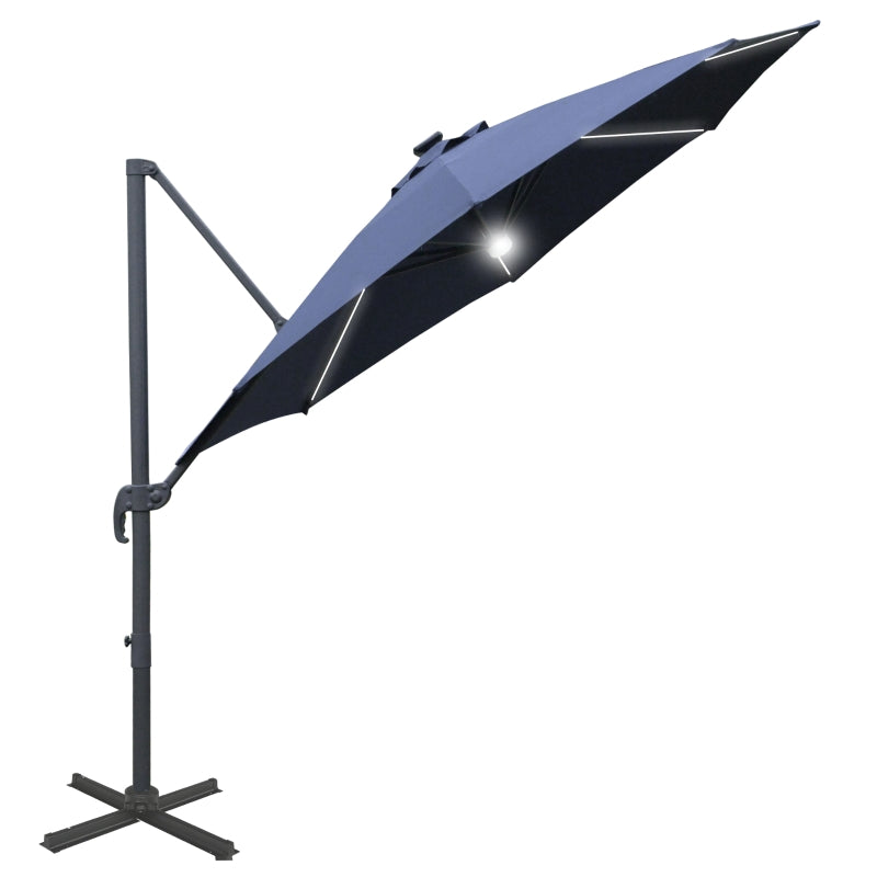 Outsunny 3(m) Cantilever Roma Parasol Garden Sun Umbrella Outdoor Patio with LED Solar Light Cross Base 360° Rotating, Blue