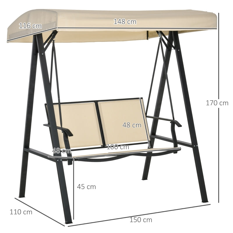 Outsunny 2 Seater Garden Swing Seat Swing Chair Outdoor Hammock Bench w/ Adjustable Tilting Canopy, Texteline Seats and Steel Frame, Beige