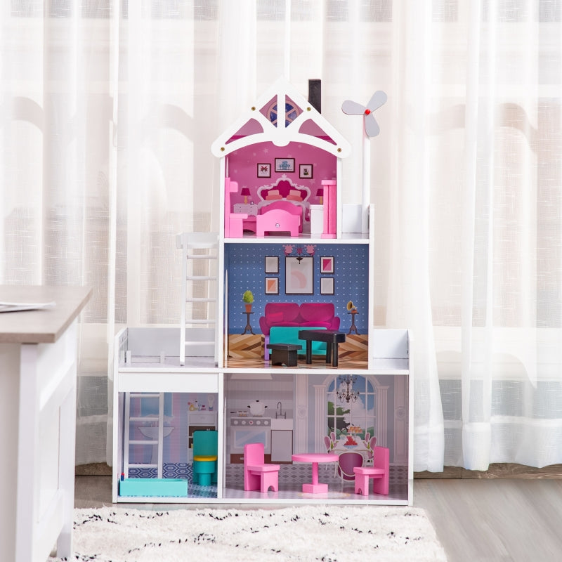 HOMCOM Kids Dollhouse Dreamhouse Villa for Toddler Girls Multi-level House for Children with Furniture Accessories Kit Pink