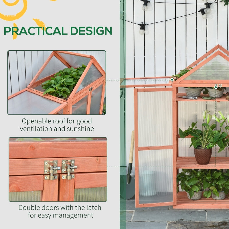 Outsunny 3-Tier Wooden Cold Frame Greenhouse Garden Polycarbonate Grow House w/ Adjustable Shelves, Double Doors, 80 x 47 x 138 cm, Orange