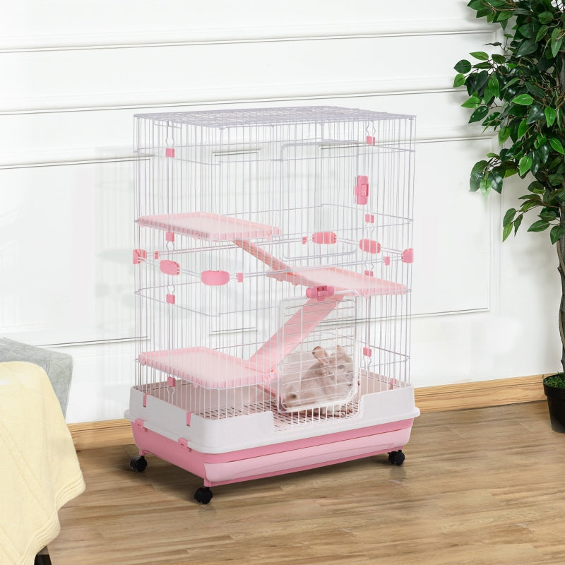 PawHut Four-Tier Small Animal Cage, for Bunnies, Ferrets, Chinchillas w/ Wheels, Tray - Pink