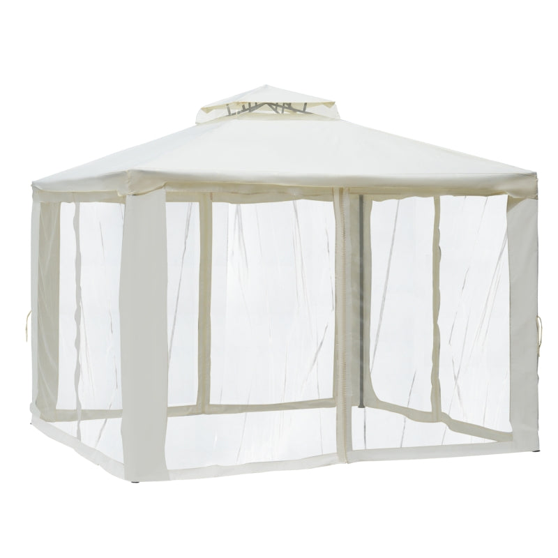 Outsunny 3 x 3 Meter Metal Gazebo Garden Outdoor 2-tier Roof Marquee Party Tent Canopy Pavillion Patio Shelter with Netting - Cream White