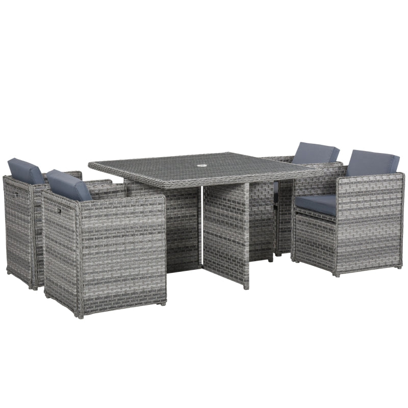 Outsunny Patio 8-Seater Rattan Dining Table Chair Set Garden Wicker Cube Sofa Furniture w/ Umbrella Hole Table for Indoor & Outdoor Mixed Grey