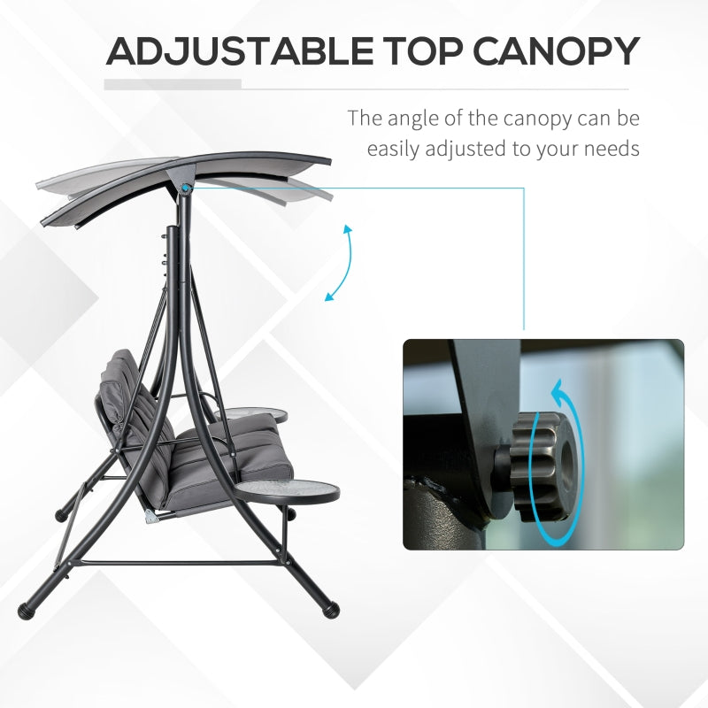 Outsunny 3 Seater Garden Swing Chair with Adjustable Canopy, Cushion and Coffee Tables for Outdoor Patio Garden Grey
