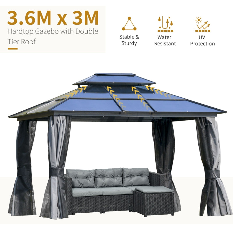 Outsunny 3.6 x 3(m) Polycarbonate Hardtop Gazebo Canopy with Double-Tier Roof and Aluminium Frame, Garden Pavilion with Mosquito Netting and Curtains