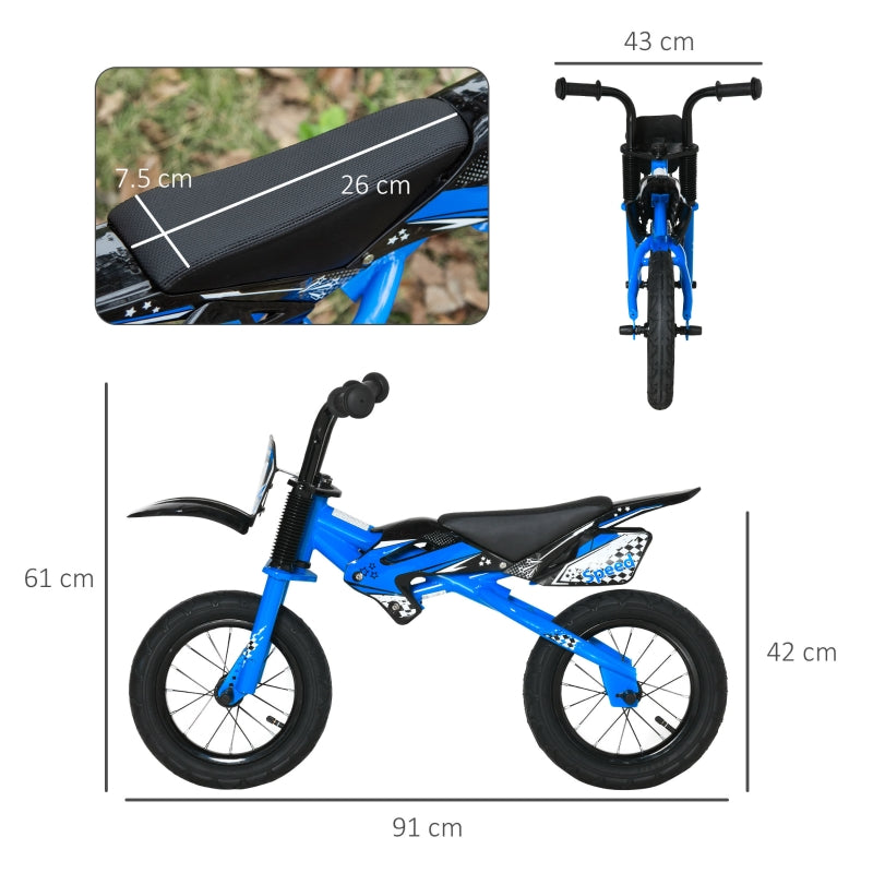 HOMCOM 12" Kids Balance Bike, No Pedal Training Bicycle, Motorbike Look, Steel Frame with Air Filled Tires, Handlebar, PU Seat for 3-6 Years Old, Blue