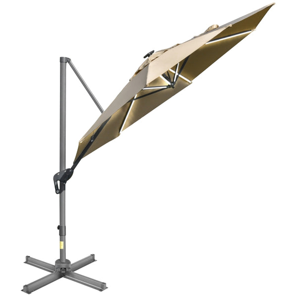 Outsunny 3m Square Outdoor Umbrella Adjustable Garden Sun Umbrella with LED Solar Light Cross Base Rotating Outdoor- Khaki