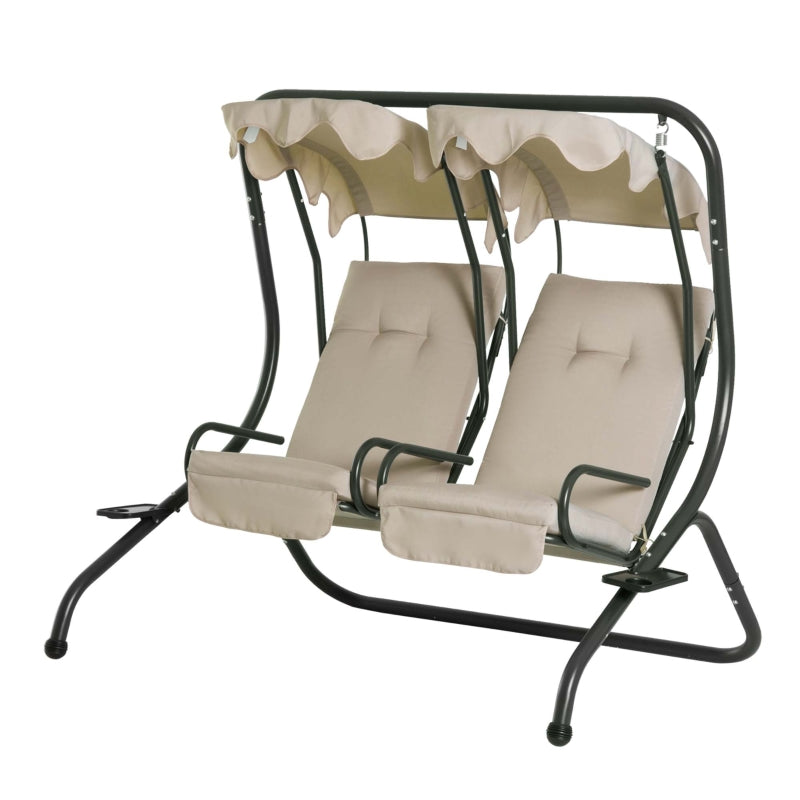 Outsunny 2-Seater Swing Chair Modern Relax Chair w/ 2 Separate Chairs, Cushions and Removable Shade Canopy, Beige