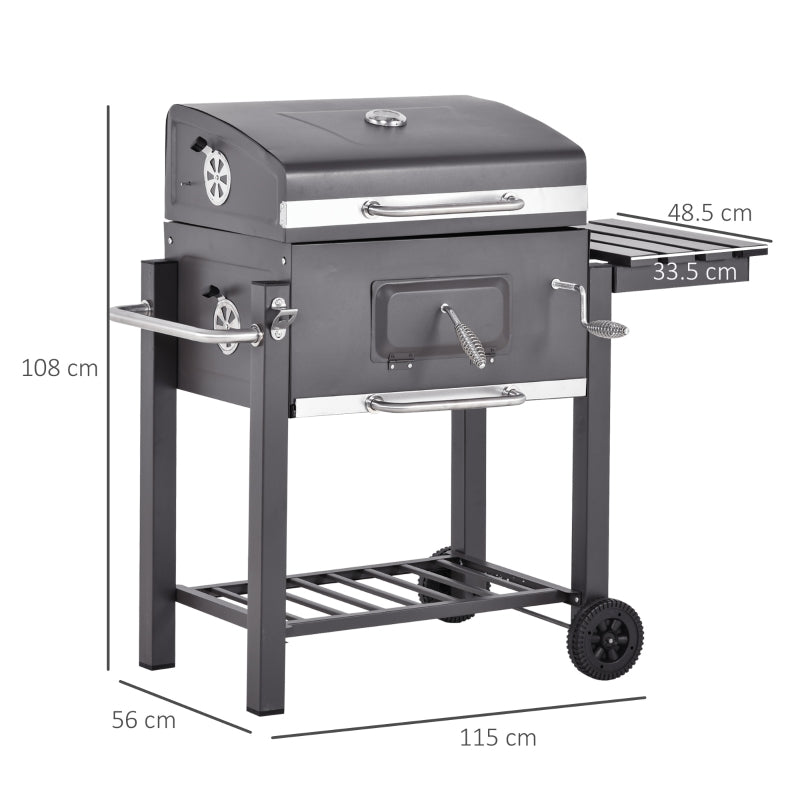 Outsunny Charcoal Grill BBQ Trolley Backyard Garden Smoker Barbecue w/ Shelf Side Table Wheels Built-in Thermometer