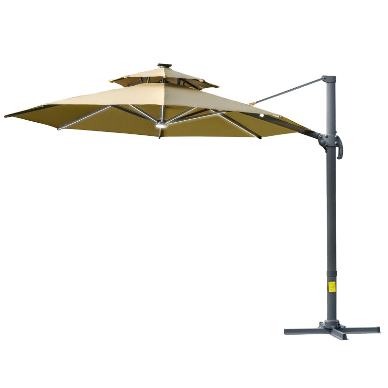 Outsunny 3m Cantilever Parasol w/ Solar Lights Power Bank Cross Base Adjustable Canopy 360° Spin Outdoor Garden Umbrella 2-Tier Roof Sun Shade Khaki