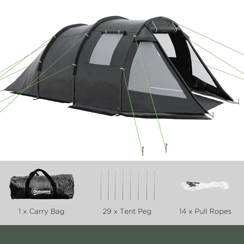 Outsunny 3-4 Man Tunnel Tent, Two Room Camping Tent with Windows and Covers, Portable Carry Bag, for Fishing, Hiking, Sports, Festivals - Black