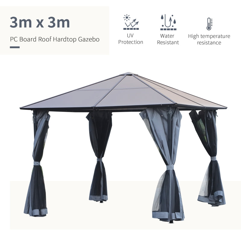 Outsunny 3 x 3(m) Garden Aluminium Gazebo Hardtop Roof Canopy Marquee Party Tent Patio Outdoor Shelter with Mesh Curtains & Side Walls - Grey