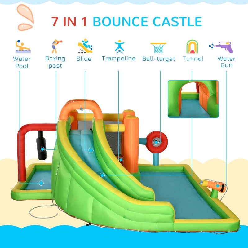 Outsunny 7 in 1 Kids Bouncy Castle Water Slide Bounce House Includes Slide, Trampoline, Pool, Water Gun, Ball-target, Boxing Post Tunnel w/Air Blower