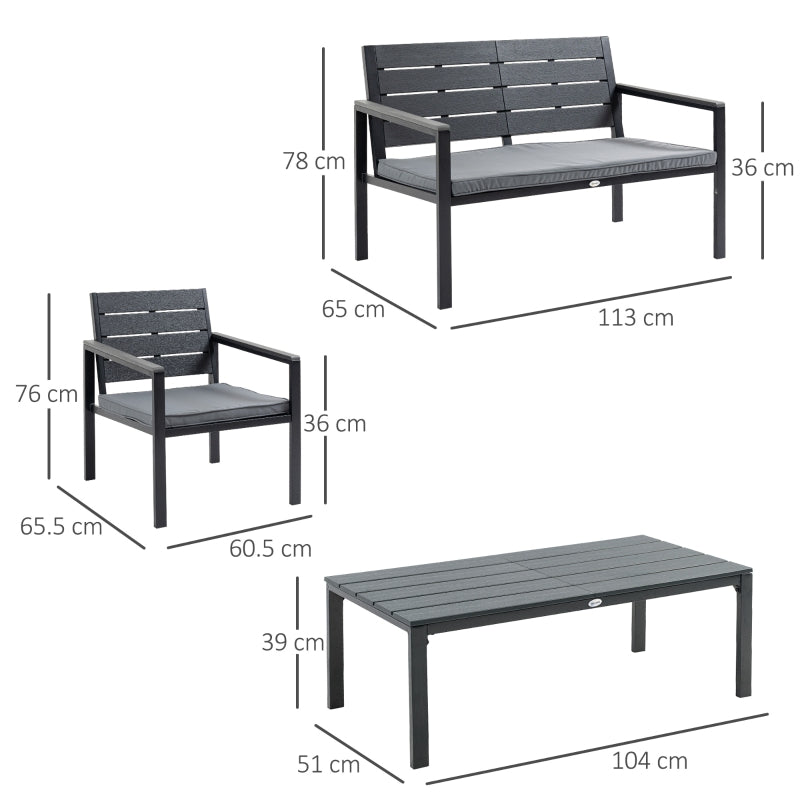 Outsunny 4 Piece Garden Sofa Set with Padded Cushions, Outdoor Conversation Furniture Set with Wood Grain Coffee Table, Steel Frame Grey