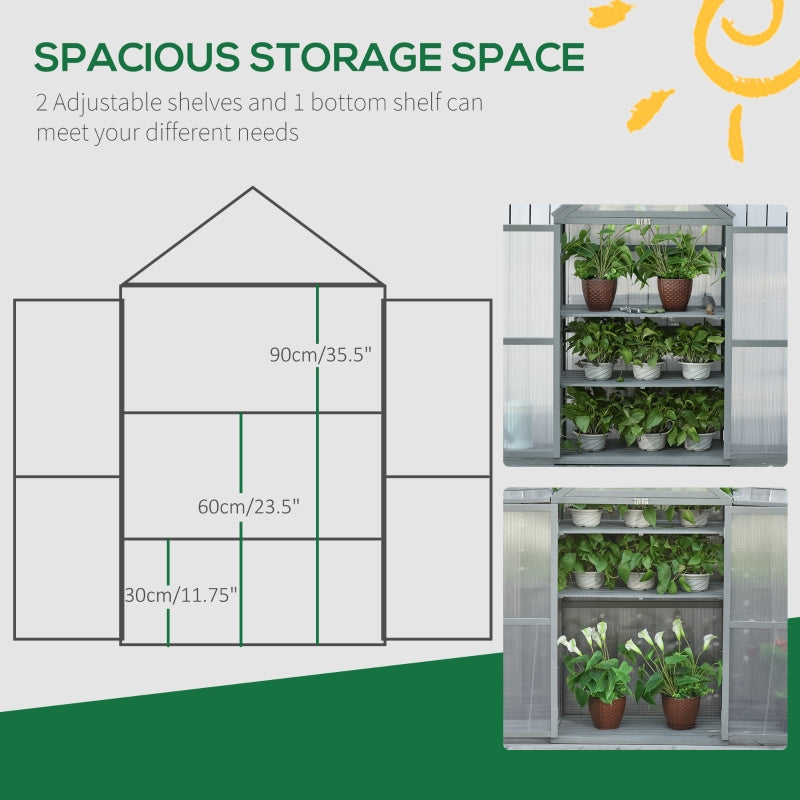 Outsunny 3-Tier Wooden Cold Frame Greenhouse Garden Polycarbonate Grow House w/ Adjustable Shelves, Double Doors, 80 x 47 x 138cm, Grey