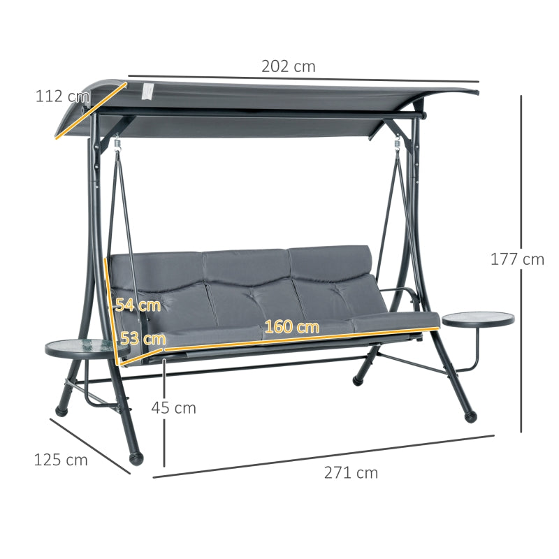 Outsunny 3 Seater Garden Swing Chair with Adjustable Canopy, Cushion and Coffee Tables for Outdoor Patio Garden Grey