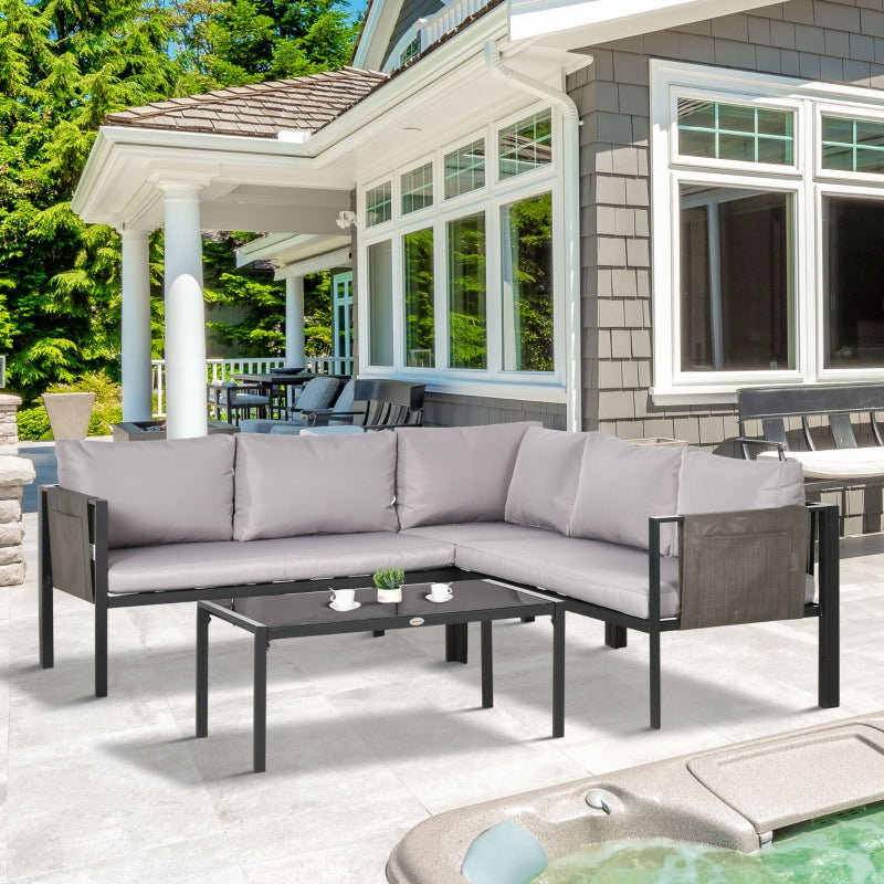 Outsunny 4 Piece Garden Furniture Set Metal Sofa Set w/ Tempered Glass Coffee Table, Conversational Corner Sofa Loveseat w/Padded Cushions Light Grey