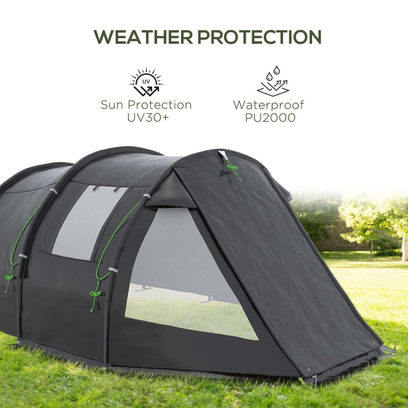 Outsunny 3-4 Man Tunnel Tent, Two Room Camping Tent with Windows and Covers, Portable Carry Bag, for Fishing, Hiking, Sports, Festivals - Black