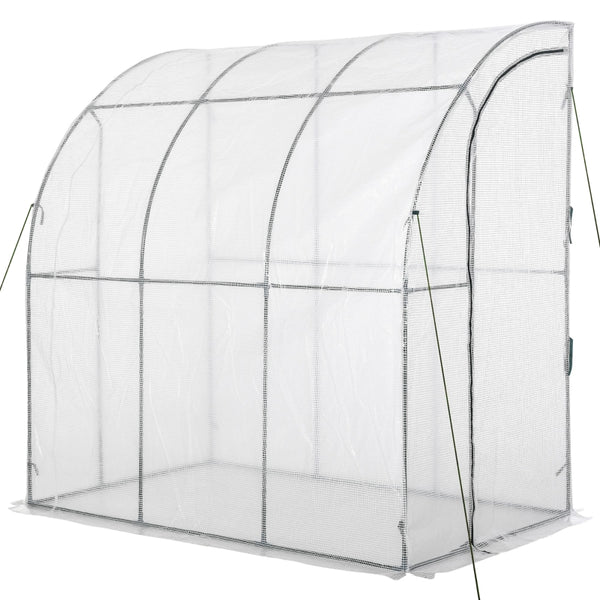 Outsunny Outdoor Walk-In Lean to Wall Greenhouse with Zippered Roll Up Door and PE Cover, 214L x 118W x 212Hcm, White