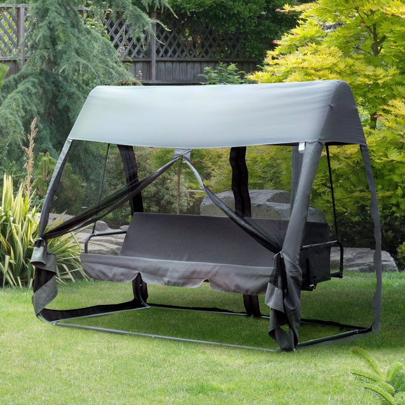 Outsunny 3 Seater Garden Swing Chair 2 in 1 Convertible Outdoor Rocking Bench Bed with Water-Resistant Roof, Zipped Door and Mosquito Netting, Grey