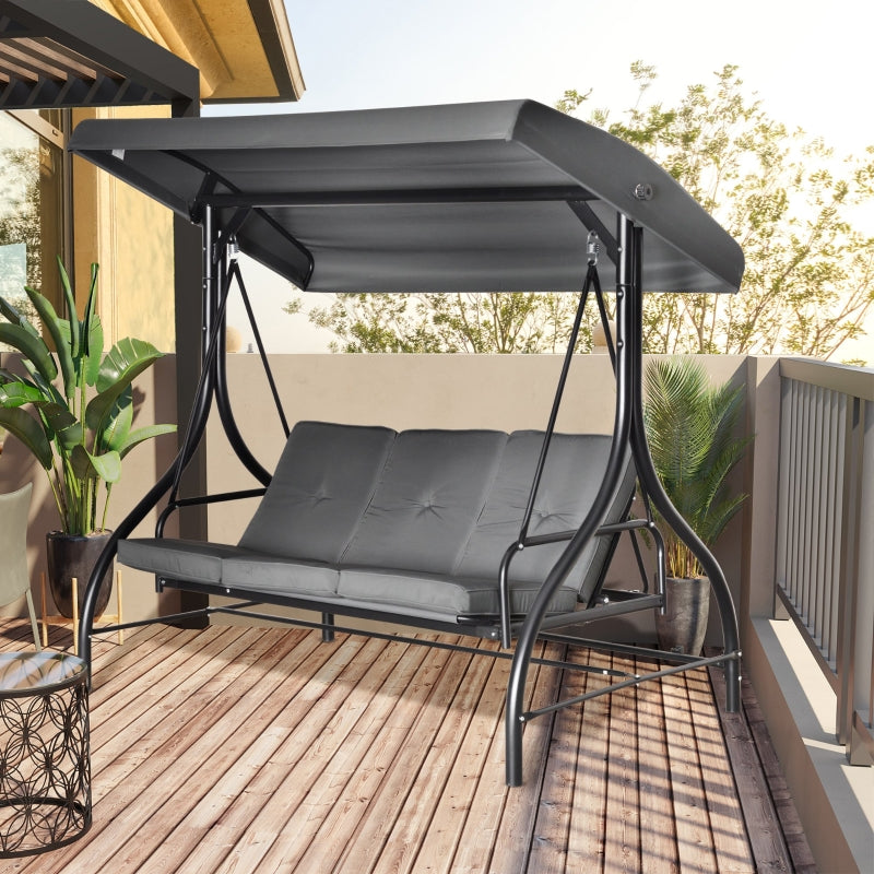 Outsunny 3 Seater Canopy Swing Chair Porch Hammock Heavy Duty 2 in 1 Garden Bench Lounger Bed with Metal Frame - Dark Grey