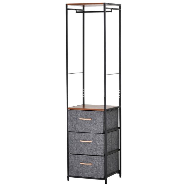 HOMCOM Chest of Drawers with Coat rack Steel Frame 3 Drawers  Bedroom Hallway Home Furniture Black Brown