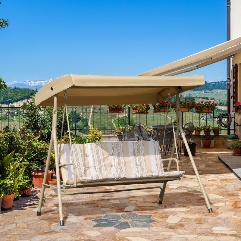 Outsunny 3 Seater Garden Swing Chair Patio Rocking Bench w/ Tilting Canopy, Removable Cushion, Light Brown Top, Brown