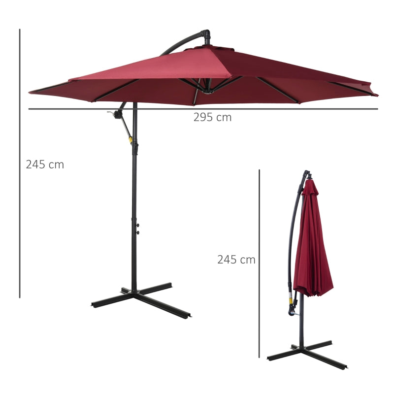 Outsunny 3 meter Cantilever Umbrella Garden Banana Parasol Patio Hanging Sun Shade Wine Red