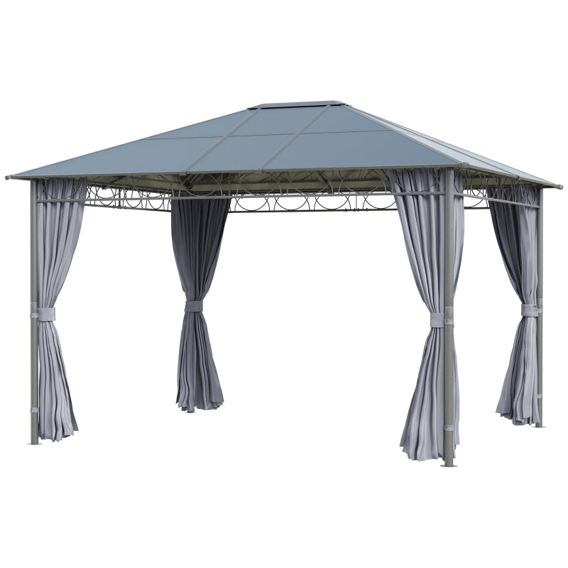 Outsunny 3.6 x 3(m) Hardtop Gazebo with UV Resistant Polycarbonate Roof, Steel & Aluminum Frame, Garden Pavilion with Curtains, Grey