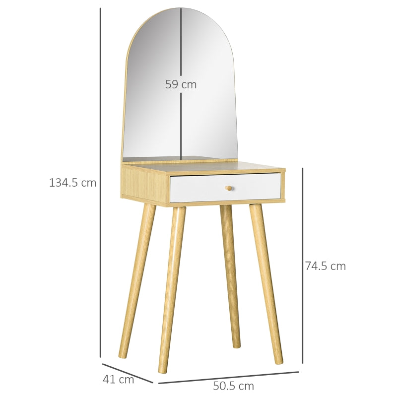 HOMCOM Modern Dressing Table with Large Mirror and Storage Drawer, Compact Vanity Table for Bedroom, Natural