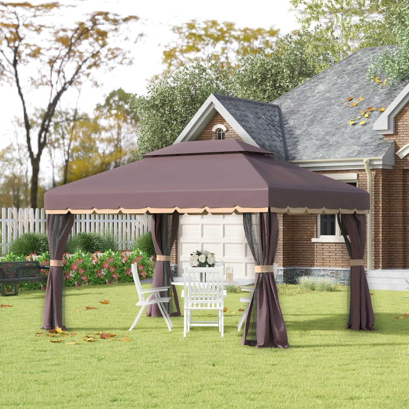 Outsunny 3 x 4m Aluminium Alloy Gazebo Marquee Canopy Pavilion Patio Garden Party Tent Shelter with Nets and Sidewalls - Coffee