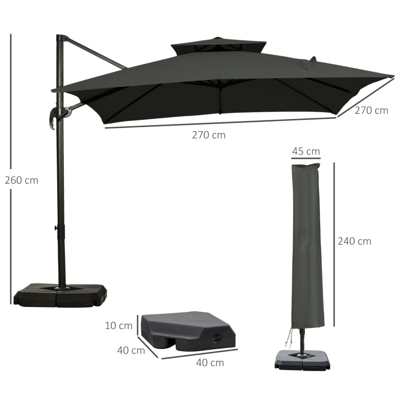 Outsunny 3 x 3(m) Garden Cantilever Roma Parasol with Crank and Tilt, Square Overhanging Patio Umbrella with 360° Rotation, Sun Shade Canopy with Base