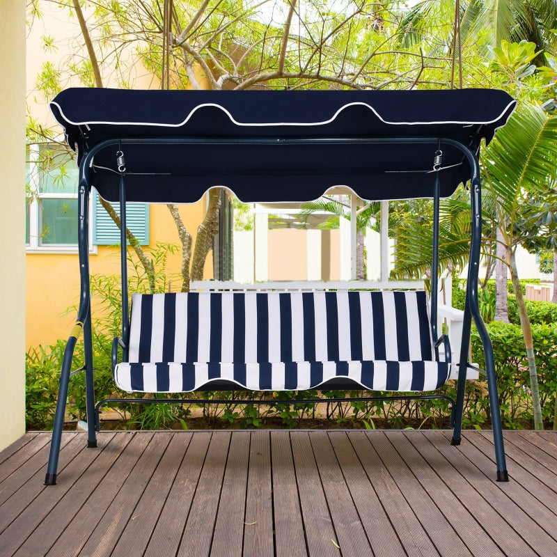 Outsunny 3 Seater Garden Swing Chair， Outdoor Garden Bench with Adjustable Sun Cover and Metal Frame - Blue Stripes