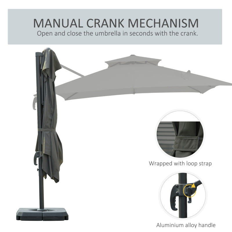 Outsunny 3 x 3(m) Garden Cantilever Roma Parasol with Crank and Tilt, Square Overhanging Patio Umbrella with 360° Rotation, Sun Shade Canopy with Base