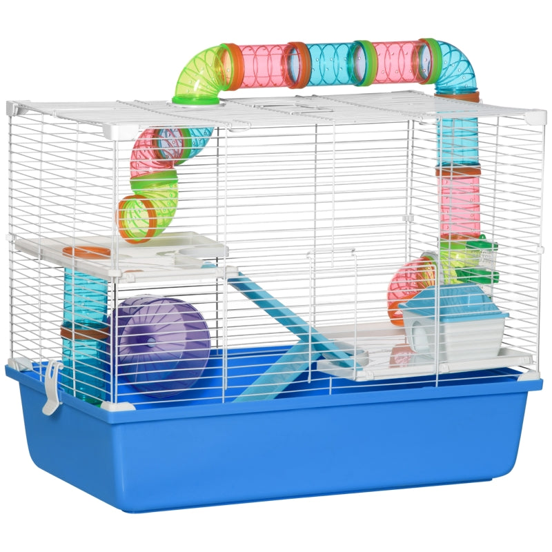 PawHut Large Hamster Cage, 3-Level Small Rodents House, with Tube Tunnel, Exercise Wheel, Water Bottle, Food Dish, Ramps, Hut, 59 x 36 x 47 cm, Blue