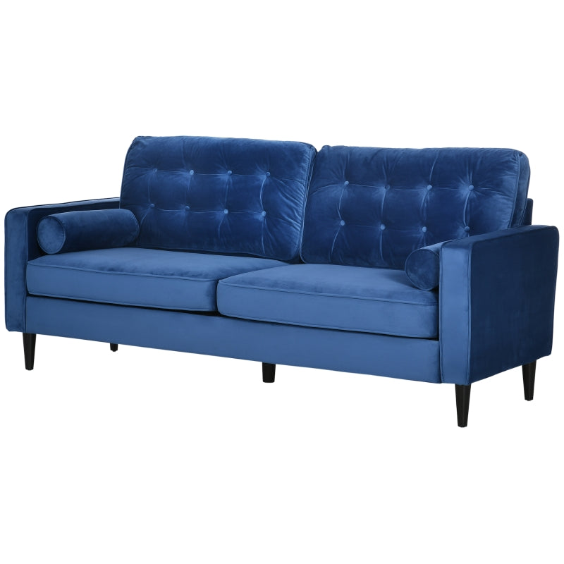 HOMCOM Mid-Century 3-Seater Sofa, 204 cm Sofa Couch with Button-Tufted Back Cushion, Velvet Feel Fabric Upholstery for Living Room, Bedroom Blue