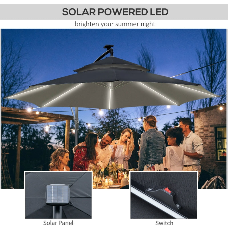 Outsunny 3(m) Cantilever Banana Parasol Hanging Umbrella with Double Roof, LED Solar lights, Crank, 8 Sturdy Ribs and Cross Base, Black