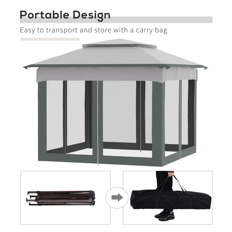 Outsunny 3 X 3(m) Meters Metal Gazebo Party Canopy Garden Pop Up Tent Outdoor Sun Shelter w/ Net Curtain Zipper Door - Dark Grey