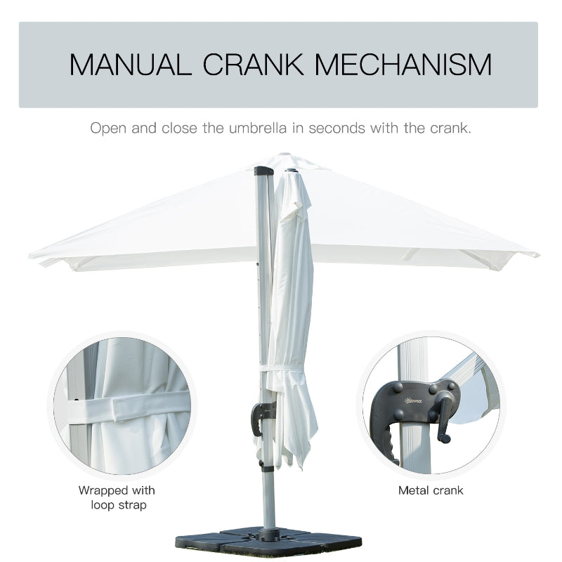 Outsunny 3m Cantilever Roma Parasol Aluminium Frame 360 Rotation Hanging Parasol with/ Cross Base White