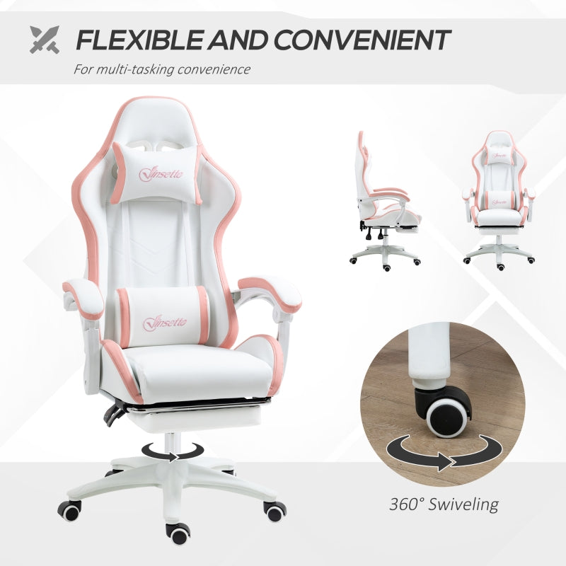 Vinsetto Racing Gaming Chair, Reclining PU Leather Computer Chair with 360 Degree Swivel Seat, Footrest, Removable Headrest White and Pink