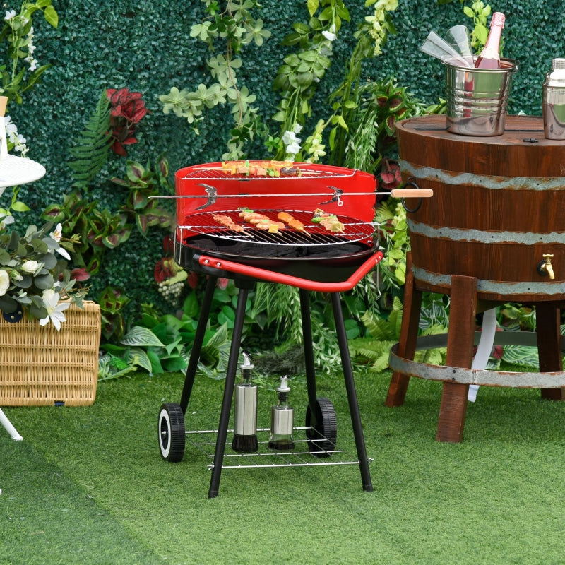 Outsunny Charcoal Barbecue Grill Garden BBQ Trolley w/ Adjustable Grill Pan Height, Wheels and 3 layers, Red